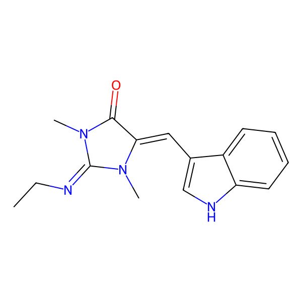 2D Structure of 2-ethylimino-5-(1H-indol-3-ylmethylidene)-1,3-dimethylimidazolidin-4-one