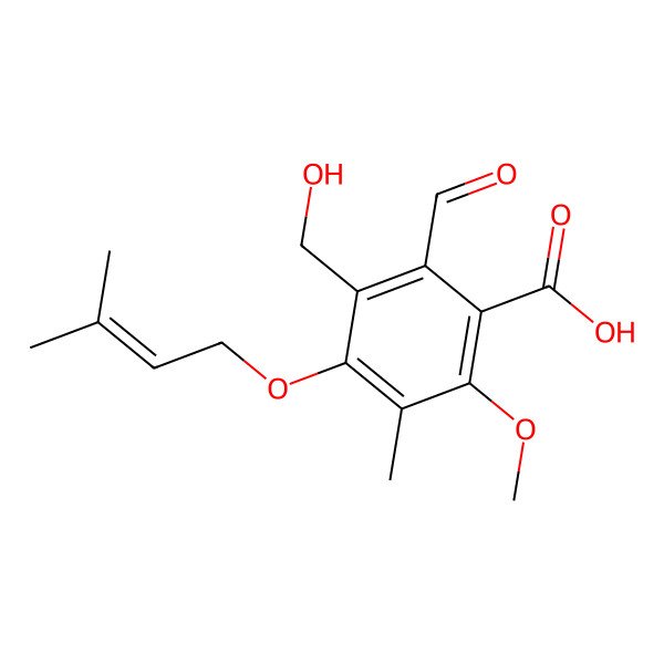 2D Structure of 2-Formyl-3-(hydroxymethyl)-6-methoxy-5-methyl-4-(3-methylbut-2-enoxy)benzoic acid