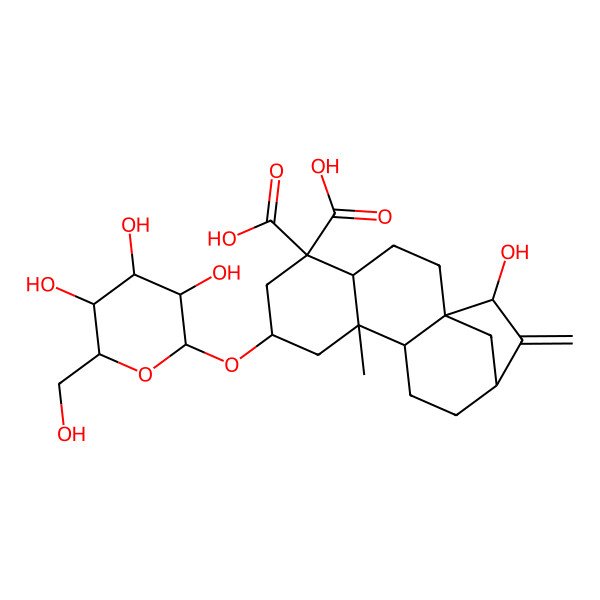 2D Structure of (1R,4S,7S,9S,10S,13R,15S)-15-hydroxy-9-methyl-14-methylidene-7-[(2R,3R,4S,5S,6R)-3,4,5-trihydroxy-6-(hydroxymethyl)oxan-2-yl]oxytetracyclo[11.2.1.01,10.04,9]hexadecane-5,5-dicarboxylic acid