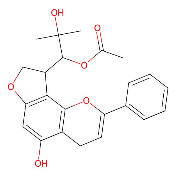2D Structure of [2-hydroxy-1-(5-hydroxy-2-phenyl-8,9-dihydro-4H-furo[2,3-h]chromen-9-yl)-2-methylpropyl] acetate