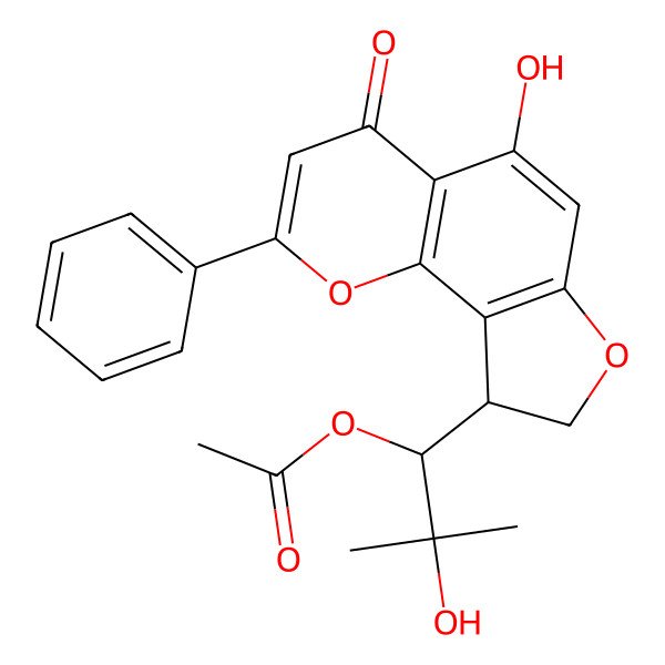 2D Structure of [2-Hydroxy-1-(5-hydroxy-4-oxo-2-phenyl-8,9-dihydrofuro[2,3-h]chromen-9-yl)-2-methylpropyl] acetate