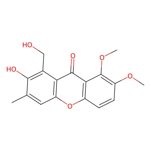 2D Structure of 2-hydroxy-1-(hydroxymethyl)-7,8-dimethoxy-3-methyl-9H-xanthen-9-one