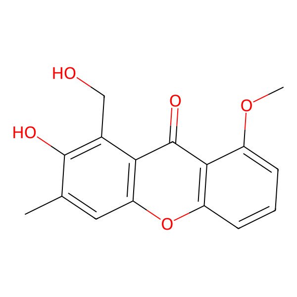 2D Structure of 2-hydroxy-1-(hydroxymethyl)-8-methoxy-3-methyl-9H-xanthen-9-one