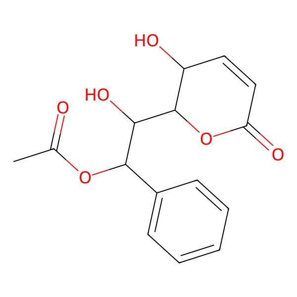 2D Structure of [2-Hydroxy-2-(3-hydroxy-6-oxo-2,3-dihydropyran-2-yl)-1-phenylethyl] acetate