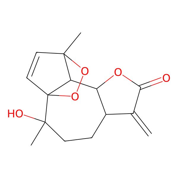 2D Structure of 2-Hydroxy-2,11-dimethyl-6-methylidene-8,12,13-trioxatetracyclo[9.2.2.01,10.05,9]pentadec-14-en-7-one