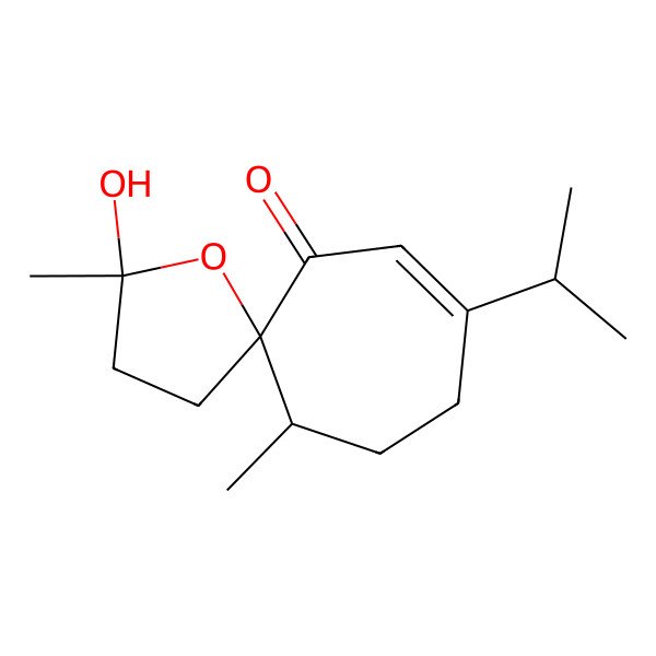 2D Structure of 2-Hydroxy-2,11-dimethyl-8-propan-2-yl-1-oxaspiro[4.6]undec-7-en-6-one