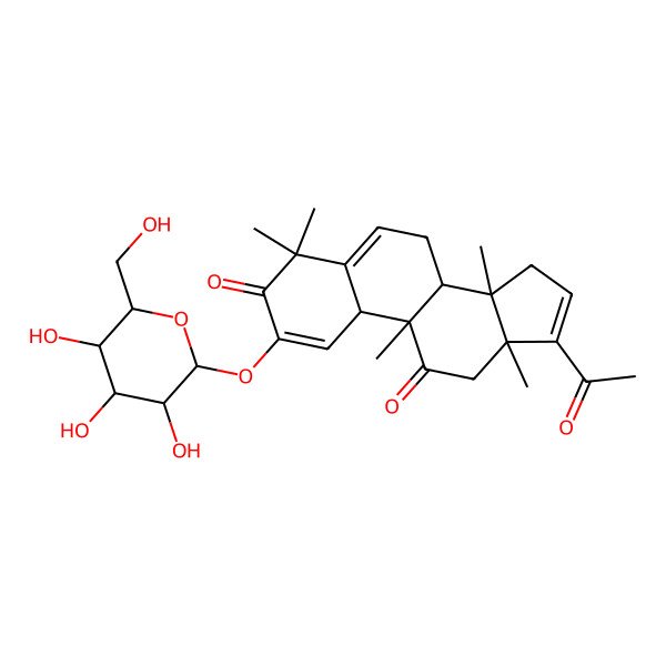 2D Structure of 2-hydroxy-(22-27)-hexanorcucurbita-1,5,16-triene-3,11,20-trione 2-O-beta-D-glucopyranoside