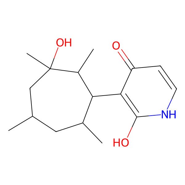 2D Structure of 2-hydroxy-3-[(1R,2S,3S,5R,7S)-3-hydroxy-2,3,5,7-tetramethylcycloheptyl]-1H-pyridin-4-one