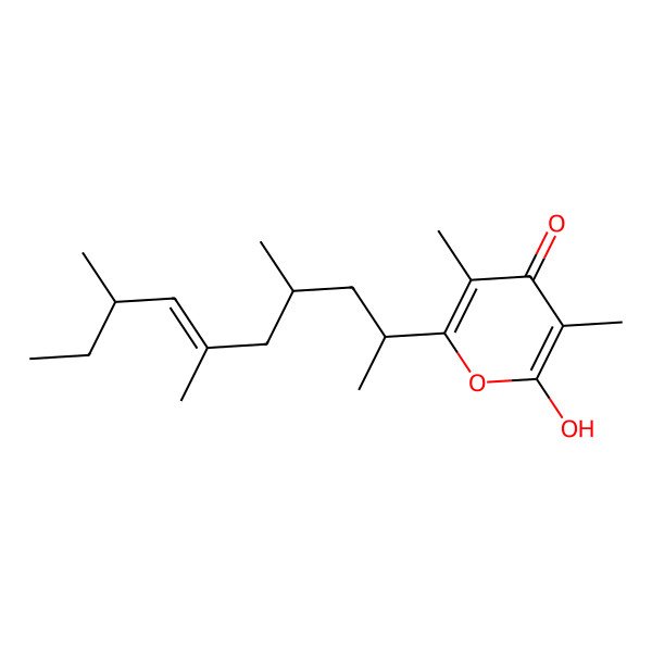 2D Structure of 2-hydroxy-3,5-dimethyl-6-[(E)-4,6,8-trimethyldec-6-en-2-yl]pyran-4-one