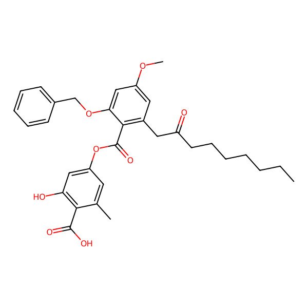 2D Structure of 2-Hydroxy-4-[4-methoxy-2-(2-oxononyl)-6-phenylmethoxybenzoyl]oxy-6-methylbenzoic acid