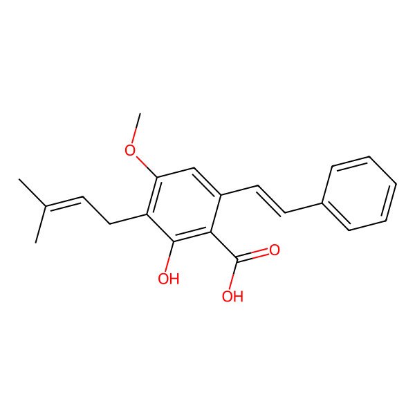 2D Structure of 2-Hydroxy-4-methoxy-3-(3-methyl-2-butenyl)-6-(2-phenylethenyl)benzoic acid