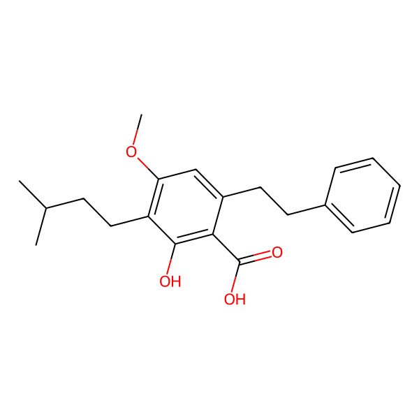 2D Structure of 2-Hydroxy-4-methoxy-3-(3-methylbutyl)-6-(2-phenylethyl)benzoic acid