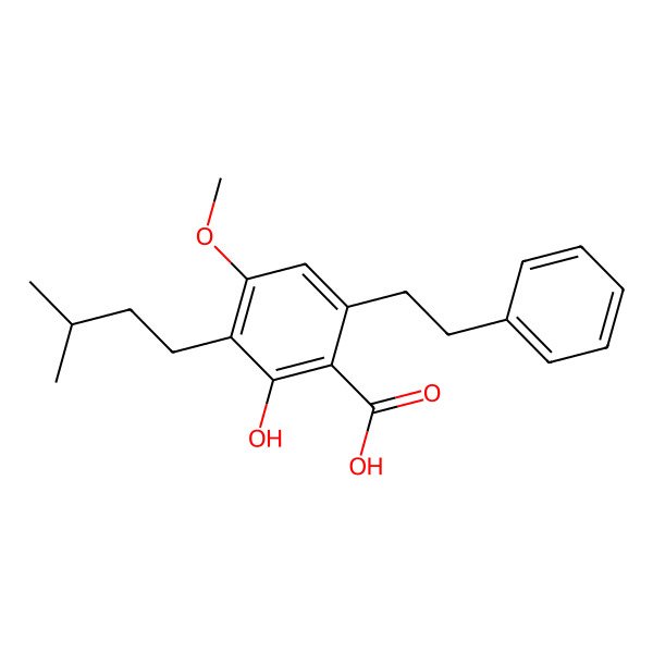 2D Structure of 2-Hydroxy-4-methoxy-3-(3-methylbutyl)-6-(2-phenylethyl)benzoic acid 2D Structure of 2-Hydroxy-4-methoxy-3-(3-methylbutyl)-6-(2-phenylethyl)benzoic acid