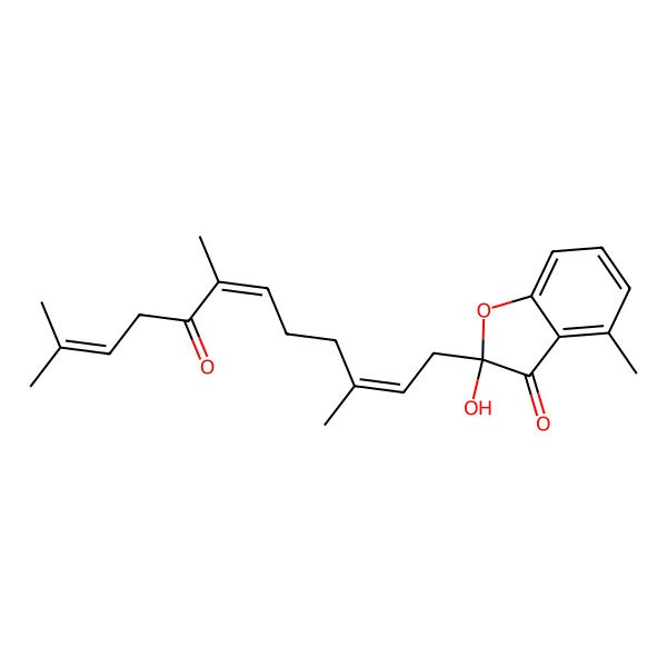 2D Structure of 2-Hydroxy-4-methyl-2-(3,7,11-trimethyl-8-oxododeca-2,6,10-trienyl)-1-benzofuran-3-one 2D Structure of 2-Hydroxy-4-methyl-2-(3,7,11-trimethyl-8-oxododeca-2,6,10-trienyl)-1-benzofuran-3-one