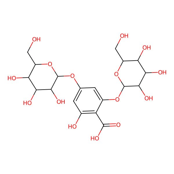 2D Structure of 2-hydroxy-4,6-bis[[(2S,3R,4S,5S,6R)-3,4,5-trihydroxy-6-(hydroxymethyl)oxan-2-yl]oxy]benzoic acid
