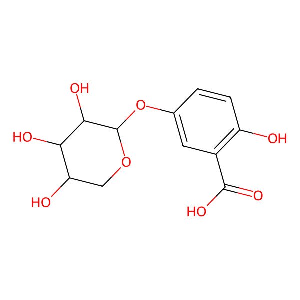 2D Structure of 2-hydroxy-5-[(2R,3R,4S,5R)-3,4,5-trihydroxyoxan-2-yl]oxybenzoic acid