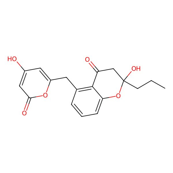 2D Structure of 2-hydroxy-5-((6-hydroxy-4-oxo-4H-pyran-2-yl)methyl)-2-propylchroman-4-one