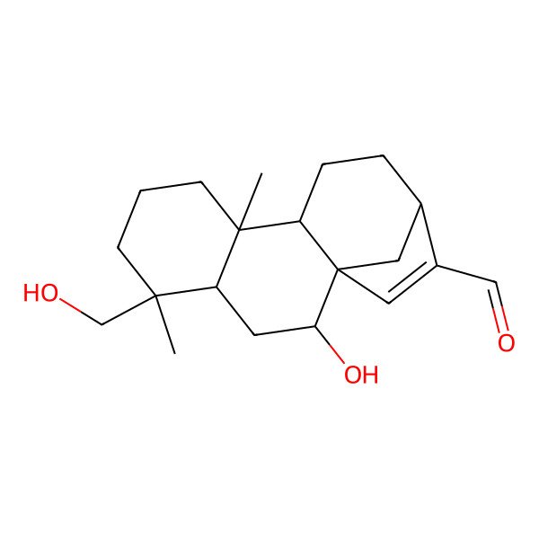 2D Structure of 2-Hydroxy-5-(hydroxymethyl)-5,9-dimethyltetracyclo[11.2.1.01,10.04,9]hexadec-14-ene-14-carbaldehyde