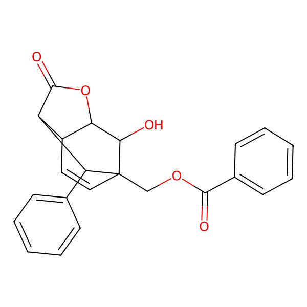 2D Structure of (2-Hydroxy-5-oxo-10-phenyl-4-oxatricyclo[4.3.1.03,7]dec-8-en-1-yl)methyl benzoate