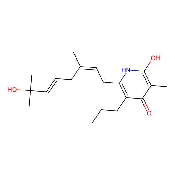 2D Structure of 2-hydroxy-6-[(2E,5E)-7-hydroxy-3,7-dimethylocta-2,5-dienyl]-3-methyl-5-propyl-1H-pyridin-4-one