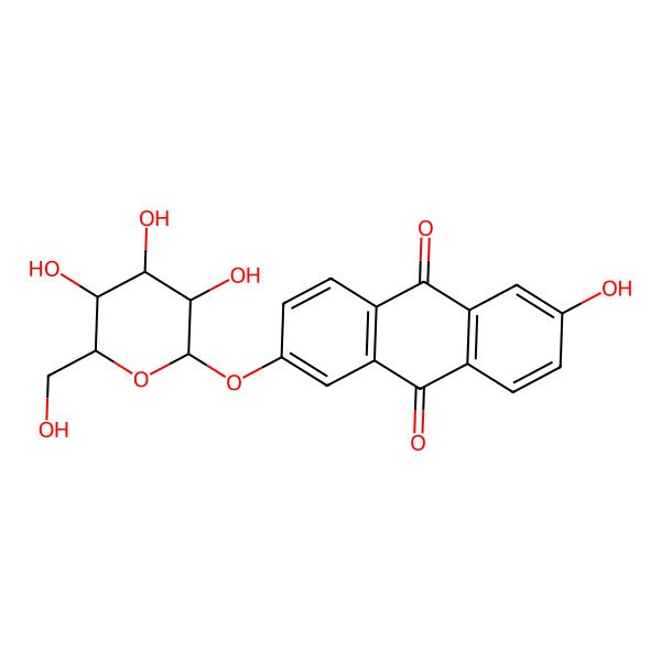 2D Structure of 2-hydroxy-6-[(2S,3R,4S,5S,6R)-3,4,5-trihydroxy-6-(hydroxymethyl)oxan-2-yl]oxyanthracene-9,10-dione