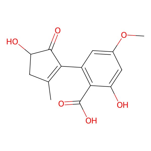2D Structure of 2-Hydroxy-6-(4-hydroxy-2-methyl-5-oxocyclopenten-1-yl)-4-methoxybenzoic acid