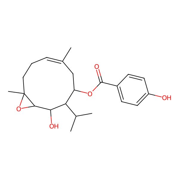 2D Structure of (2-Hydroxy-6,10-dimethyl-3-propan-2-yl-11-oxabicyclo[8.1.0]undec-6-en-4-yl) 4-hydroxybenzoate
