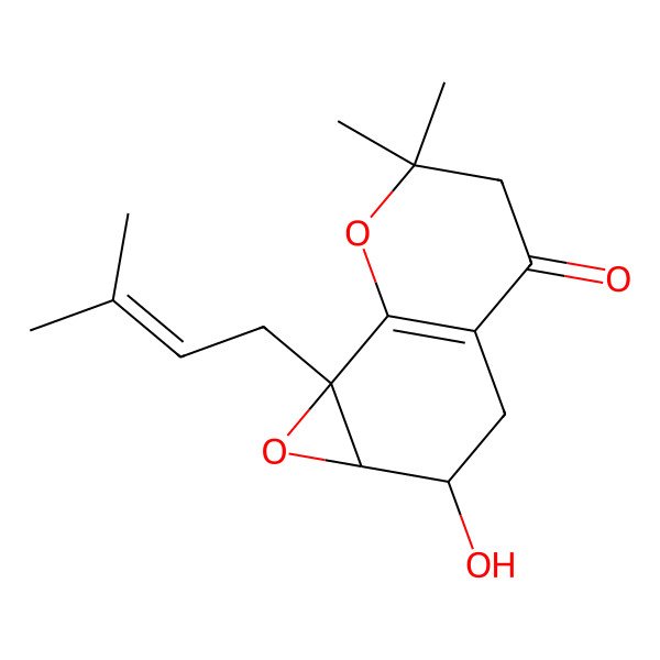 2D Structure of 2-Hydroxy-6,6-dimethyl-7b-(3-methylbut-2-enyl)-1a,2,3,5-tetrahydrooxireno[2,3-h]chromen-4-one