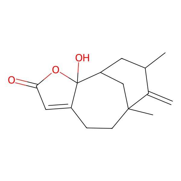 2D Structure of 2-Hydroxy-9,11-dimethyl-10-methylidene-3-oxatricyclo[7.3.1.02,6]tridec-5-en-4-one