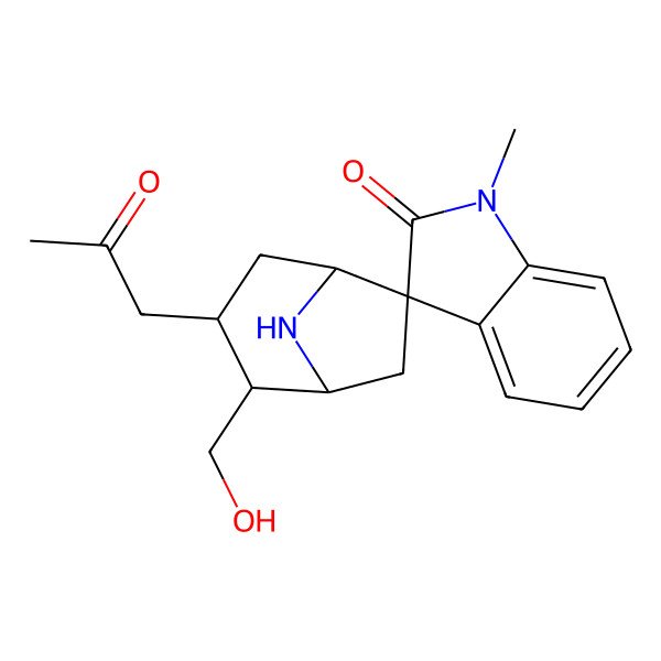 2D Structure of 2-(Hydroxymethyl)-1'-methyl-3-(2-oxopropyl)spiro[8-azabicyclo[3.2.1]octane-6,3'-indole]-2'-one