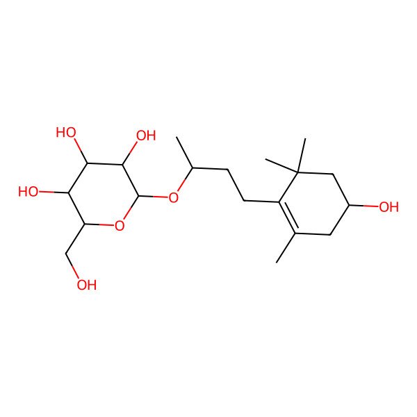 2D Structure of 2-(Hydroxymethyl)-6-[4-(4-hydroxy-2,6,6-trimethylcyclohexen-1-yl)butan-2-yloxy]oxane-3,4,5-triol
