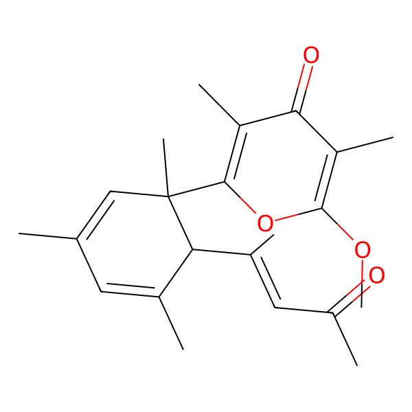 2D Structure of 2-Methoxy-3,5-dimethyl-6-[1,3,5-trimethyl-6-(4-oxopent-2-en-2-yl)cyclohexa-2,4-dien-1-yl]pyran-4-one