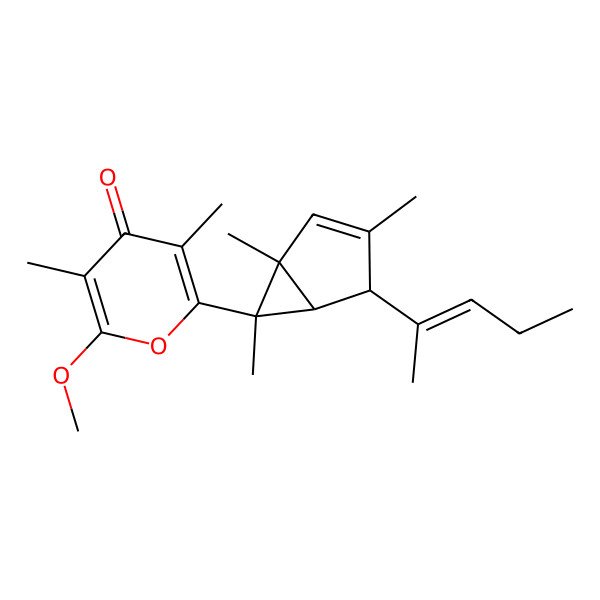 2D Structure of 2-Methoxy-3,5-dimethyl-6-(1,3,6-trimethyl-4-pent-2-en-2-yl-6-bicyclo[3.1.0]hex-2-enyl)pyran-4-one