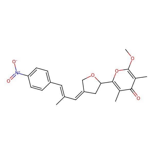 2D Structure of 2-Methoxy-3,5-dimethyl-6-[4-[2-methyl-3-(4-nitrophenyl)prop-2-enylidene]oxolan-2-yl]pyran-4-one