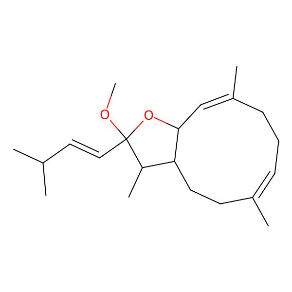 2D Structure of 2-methoxy-3,6,10-trimethyl-2-(3-methylbut-1-enyl)-3a,4,5,8,9,11a-hexahydro-3H-cyclodeca[b]furan
