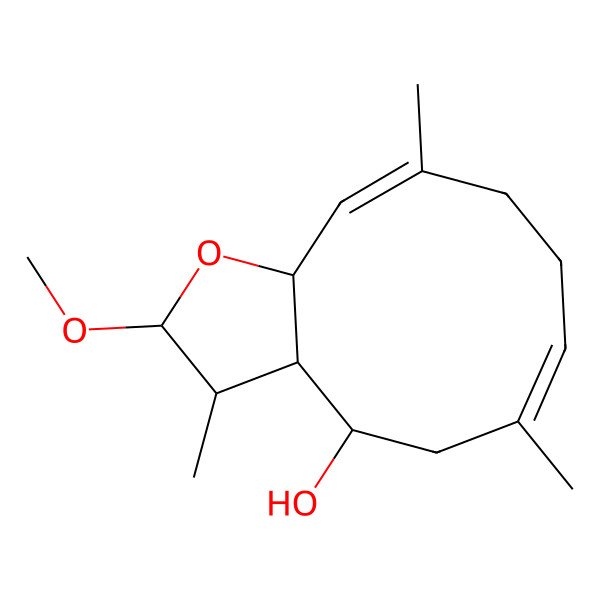 2D Structure of 2-Methoxy-3,6,10-trimethyl-2,3,3a,4,5,8,9,11a-octahydrocyclodeca[b]furan-4-ol