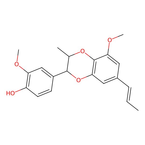 2D Structure of 2-methoxy-4-[(2S,3R)-5-methoxy-3-methyl-7-[(E)-prop-1-enyl]-2,3-dihydro-1,4-benzodioxin-2-yl]phenol