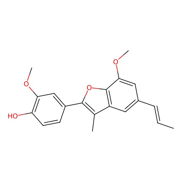 2D Structure of 2-Methoxy-4-(7-methoxy-3-methyl-5-prop-1-enyl-1-benzofuran-2-yl)phenol 2D Structure of 2-Methoxy-4-(7-methoxy-3-methyl-5-prop-1-enyl-1-benzofuran-2-yl)phenol