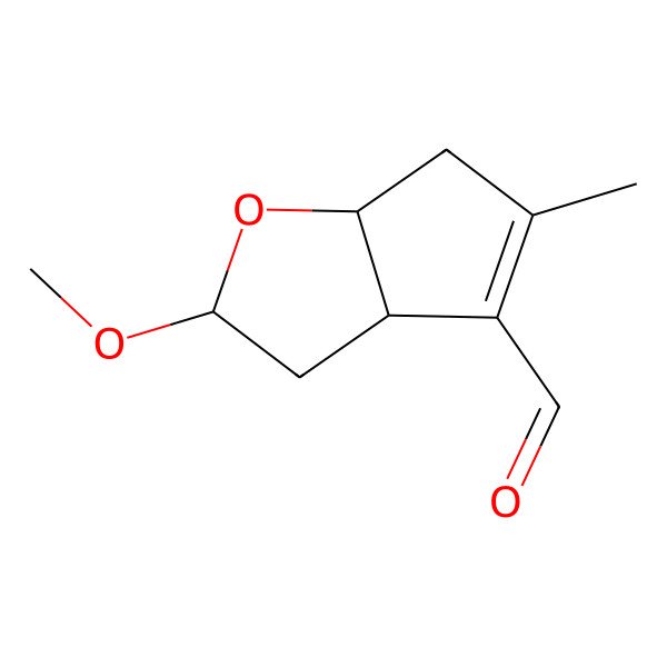 2D Structure of 2-methoxy-5-methyl-3,3a,6,6a-tetrahydro-2H-cyclopenta[b]furan-4-carbaldehyde