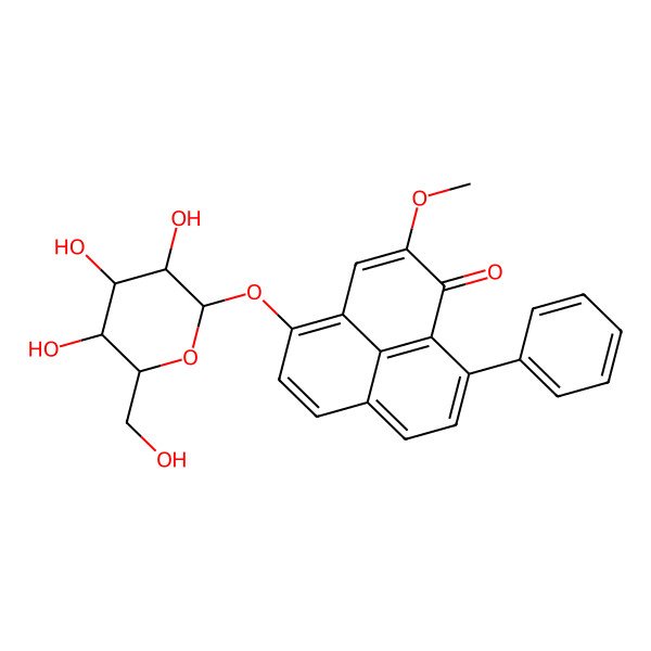 2D Structure of 2-methoxy-9-phenyl-4-[(2S,3R,4S,5S,6R)-3,4,5-trihydroxy-6-(hydroxymethyl)oxan-2-yl]oxyphenalen-1-one
