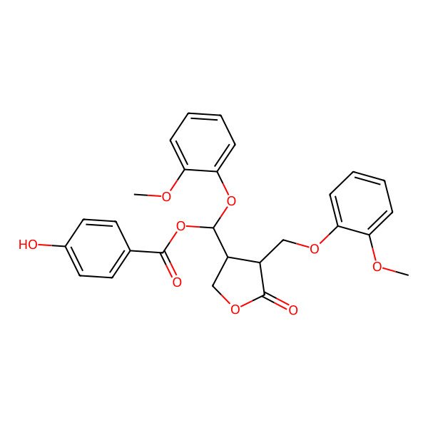 2D Structure of [(2-Methoxyphenoxy)-[4-[(2-methoxyphenoxy)methyl]-5-oxooxolan-3-yl]methyl] 4-hydroxybenzoate