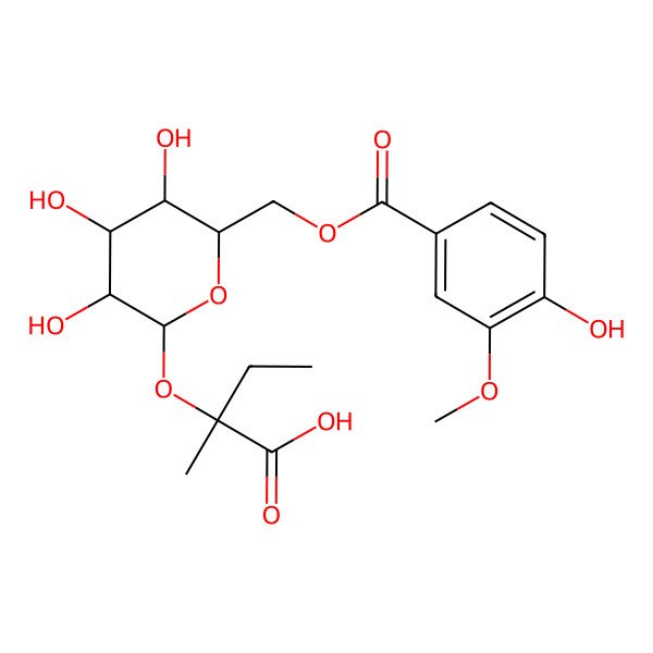2D Structure of 2-Methyl-2-[3,4,5-trihydroxy-6-[(4-hydroxy-3-methoxybenzoyl)oxymethyl]oxan-2-yl]oxybutanoic acid
