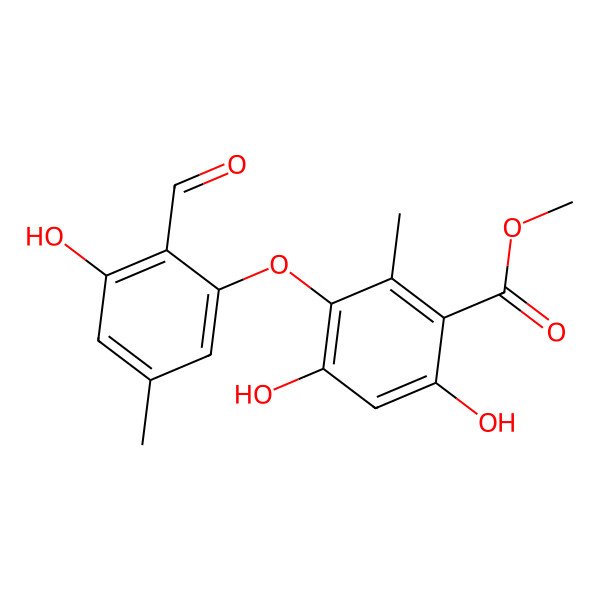 2D Structure of Methyl 3-(2-formyl-3-hydroxy-5-methylphenoxy)-4,6-dihydroxy-2-methylbenzoate