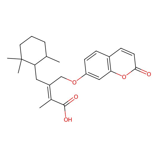 2D Structure of 2-Methyl-3-[(2-oxochromen-7-yl)oxymethyl]-4-(2,2,6-trimethylcyclohexyl)but-2-enoic acid
