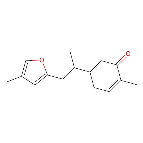 2D Structure of 2-Methyl-5-[1-(4-methylfuran-2-yl)propan-2-yl]cyclohex-2-en-1-one