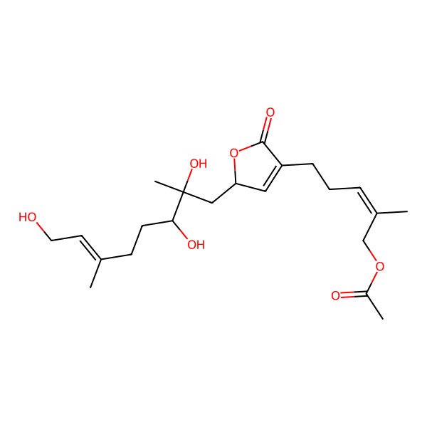 2D Structure of [2-methyl-5-[5-oxo-2-(2,3,8-trihydroxy-2,6-dimethyloct-6-enyl)-2H-furan-4-yl]pent-2-enyl] acetate