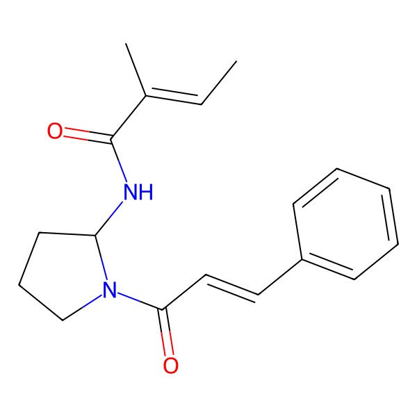 2D Structure of 2-methyl-N-[1-(3-phenylprop-2-enoyl)pyrrolidin-2-yl]but-2-enamide