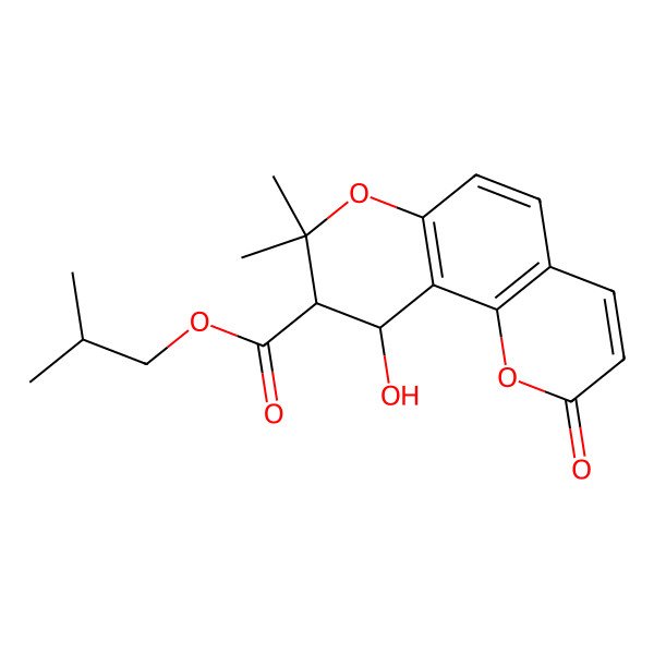 2D Structure of 2-Methylpropyl 10-hydroxy-8,8-dimethyl-2-oxo-9,10-dihydropyrano[2,3-f]chromene-9-carboxylate
