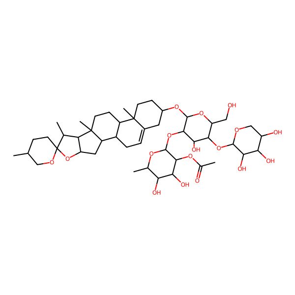 2D Structure of [4,5-Dihydroxy-2-[4-hydroxy-6-(hydroxymethyl)-2-(5',7,9,13-tetramethylspiro[5-oxapentacyclo[10.8.0.02,9.04,8.013,18]icos-18-ene-6,2'-oxane]-16-yl)oxy-5-(3,4,5-trihydroxyoxan-2-yl)oxyoxan-3-yl]oxy-6-methyloxan-3-yl] acetate