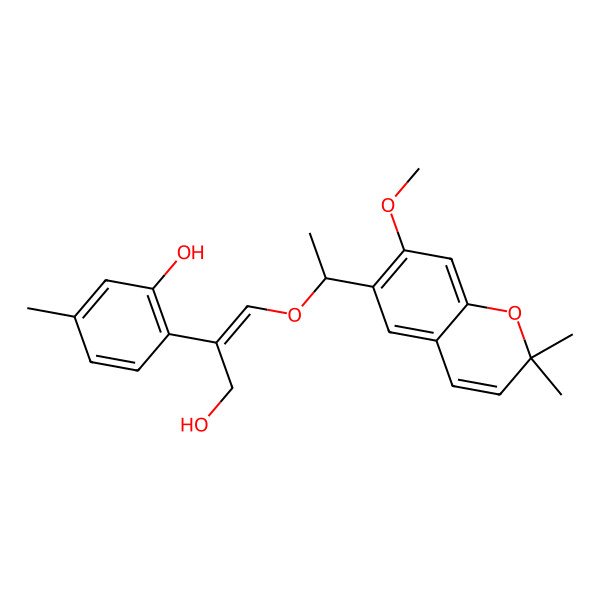 2D Structure of 2-[(Z)-3-hydroxy-1-[1-(7-methoxy-2,2-dimethylchromen-6-yl)ethoxy]prop-1-en-2-yl]-5-methylphenol